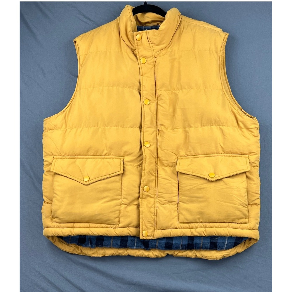 St. Johns Bay Puffer Vest Mens XL Mustard Yellow Plaid Lined Quilted Outdoor